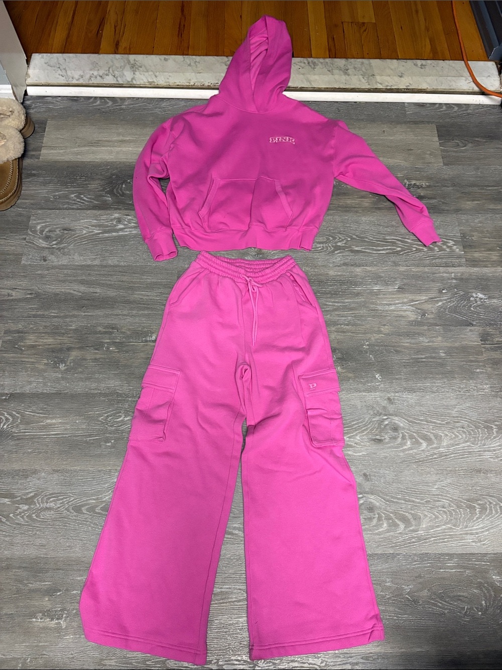 PINK Victoria's Secret Bright Pink Cropped Hoodie & Wide-Leg Cargo Pants Set